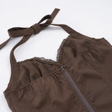 Purpdrank  Elegant Solid 2 Piece Outfit Women's Sexy Lace Trim V Front Sleeveless Halter Crop Top and Ruffles Mini Skirt Matching Set