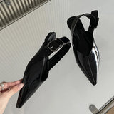 Purpdrank  Fashion Design Big Buckle Strap Women Casual Flat Mules Sandals High Quality Cozy Patent Leather Pointed Toe Dress Shoes