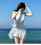 Purpdrank  Summer Bohemian Chiffon Women's Long T-shirts Sashes 2025 New Sleeveless Casual Loose Shirts Halter Slim Tops Female