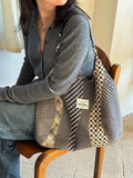 Purpdrank  Retro Geometric Patchwork Plaid Shoulder Bag for Women New Large Capacity Tote Canvas Bags