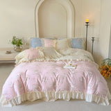 Purpdrank  Korean Princess Style Flowers Lace Ruffles 100% Cotton Bedding Set Duvet Cover Bed Sheet/Fitted Sheet/Bed Skirt Pillowcases 4Pcs