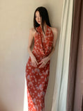 Purpdrank  Ladies Floral Printed Vintage Cowl Neck Maxi Dress Backless Slim Fit Long Red Vestidos Robe Female Elegant Party Clothing Summer