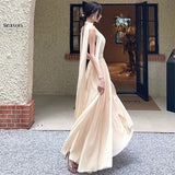 Purpdrank  Backless Halter Apricot Chiffion Maxi Dress Women Sleeveless Lace-up Elegant Vintage Clothing Lady Streetwear Party Vestidos