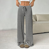 Purpdrank  Women's Fashion Casual Striped Elastic Waistband Drawstring Straight Leg Pants Classic Soft Daily Versatile Comfy Trousers