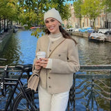 Purpdrank  Luxury Spring Autumn Bomber Jackets New Single-Button O-Neck Pocket Soft Short Tops Long-Sleeve Jacket for Women Harajuku Coats