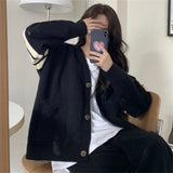 Purpdrank  Korean Style Black Cardigan Women Japanese Harajuku Fashion Knitted Autumn Sweater Preppy Striped Knitwear Oversized