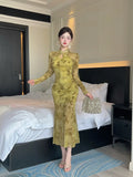 Purpdrank  Sexy Long Sleeve Lace Cheongsam Dress Waist Cinched Maxi Skirt for Women Southeast Asia Cross Border Elegant Commute Style