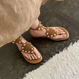 Purpdrank   Women's Black Cow Suede Low Heel Sandal Summer Fashion Studded Decor Thong Sandals Ankle Strap Slip-On Summer Beach Shoes