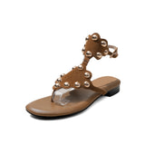 Purpdrank   Women's Black Cow Suede Low Heel Sandal Summer Fashion Studded Decor Thong Sandals Ankle Strap Slip-On Summer Beach Shoes