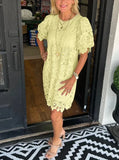 Purpdrank  Women's Floral Lace Puff Sleeve Dress Hollow O Neck Pullover Party Wear Solid Lace Vestidos Sexy Loose Knee Length Casual Basics
