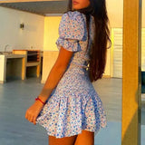 Purpdrank  blue floral Printed Ruffle Mini Dress Smocked puff sleeves cute summer dress round neck sexy women dress