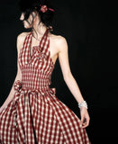 Purpdrank  Vintage Plaid Long Dress Women Vacation Beach Sexy Halter Floral Maxi Dresses Summer Korean Backless Bodycon Vestidos New