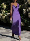 Purpdrank  Elegant Backless Hollow Out Suspender Dress Women Sexy V-neck Sleeveless Satin Long Dress Fashion Hight Waist Pleat Party Dress