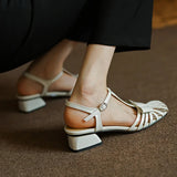 Purpdrank  New Shallow Rome Thick Med Heels Shoes Buckle Strap Genuine Leather Sandals Women Ladies Shoes Leather Gladiator Sandals