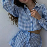 Purpdrank  Plaid Two Piece Sets Women Summer Lantern Sleeve Shirt Tops With Wide Leg Shorts Sets Elegant Fashion Casual Loose Female Suit