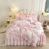Purpdrank  100% Cotton Vintage Pastoral Style Rose Flowers Print Ruffles Bedding Set Duvet Cover Set Bow Lace Quilted Bed Skirt Pillowcases