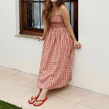 Purpdrank   Summer New Women Gingham Plaid Spaghetti Strap Maxi Dress Smocked Elastic Waist A-Line Flowy Dress Casual Vacation Beach Dress