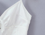 Purpdrank  Sexy White Satin Bow Halter V neck Open Hook Buttons Slim Tank Top Women Cross Lacing Up Bandage Back Backless Tee Summer Vest