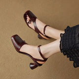 Purpdrank  NEW Summer Women Sandals Split Leather Shoes for Women Square Toe Kitten Heel Shoe Narrow Band Bcukle Strap Shoes Modern Sandals