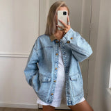 Purpdrank  Retro Denim Jacket Women's Autumn New Color Block Collar Jacket Loose Fit Long Sleeve Cotton Polyester Street Style Coat