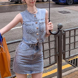Purpdrank  In The Summer of 2025, High Waist and Slim Denim Sleeveless Vest and Hip Skirt Women's Fashion Two-piece Suit Women