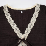 Purpdrank  Dark Brown Lace V Neck Tie Front Women's Chic Tops Short Sleeve Ruched Fitted Blouse New Lady Daily Commute Street Shirts