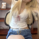 Purpdrank  Sexy White Embroidery Hole Lace Spliced Red Bow V neck Short Puff Sleeve Shirt Women Lacing Up Sashes Back side Zipper Crop Tops