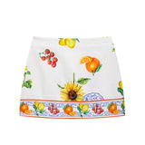 Purpdrank  2025 Women Fashion Floral And Fruit Print A Line Mini Skirt Faldas Mujer Female Side Zipper Casual Vestidos QUN9202
