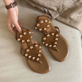 Purpdrank   Women's Black Cow Suede Low Heel Sandal Summer Fashion Studded Decor Thong Sandals Ankle Strap Slip-On Summer Beach Shoes