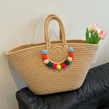 Purpdrank  Portable Straw Woven Tote Bag Handmade Large Capacity Shoulder Bags Hollow Out Button Braided Underarm Bag Women