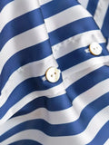 Purpdrank  CHIC Autumn Lapel Blue White Striped Print Bright Satin Shirt Women Single-Breasted Buttons Full Sleeve Loose Blouses Tops