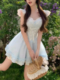 Purpdrank  Summer Sweet Fairy Slim Blue Dress Women Y2k Design Lace Sling Mini Dresses Fashion Female Elegant Vintage Chic New Outfits 2025
