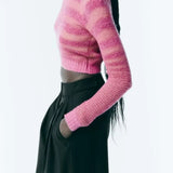 Purpdrank  Women's round Neck Striped Short Sweater European American Style Autumn Fashion Streetwear New Arrival