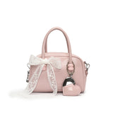 Purpdrank  Mini Boston Shoulder Crossbody Bags For Women Lace Bowknot Round Top-handle Bag With Heart Pendant 2025 Designer Handbags