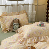 Purpdrank  Double Layer Yarn Pure Cotton French Floral Lace Ruffles Bedding Set Duvet Cover Set Pillowcases With Flat/Fitted Bed Sheet 4Pcs
