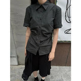 Purpdrank  Vintage Japan Fashion Popular All Match Plaid Blouse Punk American Pleated Y2k Aesthetic Shirts Streetwear Subcultural Clothes