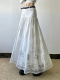 Purpdrank  Y2K White Midi Skirt Women Streetwear Lace Patchwork Skirts Summer Gyaru Korean Fashion High Waist Design A Line Faldas