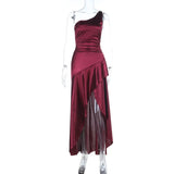 Purpdrank  Women's Elegant Burgundy Satin One Shoulder Bodycon Maxi Dress Ruched High Slit Formal Party Dress