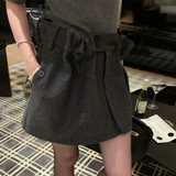 Purpdrank  New Autumn Gray Black Houndstooth Plaid Woollen Mini Skirt Women Ruched High Waist Ball Gown Short Skater Party Femme Skirts