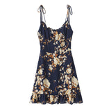 Purpdrank  Summer Holiday Navy Blue Floral Print Bow Lacing Up Strap Sling Dress Women Elastic Back Ruffles Hem Short Dresses Vestidos Robe
