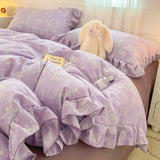 Purpdrank  INS Princess Style Bedding Sets Ruffle Lace Bow Quilt Cover Romantic Bedclothes Decor Woman Girls Bedroom Duvet Cover 4pcs