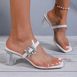 Purpdrank  Rhinestone Transparent Heeled Sandals Women 2025 Summer Fashion Chunky High Heel Slippers Woman Square Toe Crystal Party Shoes