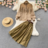Purpdrank - Autumn Winter Women Two Piece Sets Stand Collar Puff Sleeve Ruffled Tops and Empire Slim Skirt with Belt Office Lady Suits