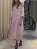 Purpdrank  Summer Fashion New Women's Elegant Loose Cotton Hemp Dress Round Neck Solid Color Half Sleeve Long Dress