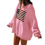 Purpdrank  Retro American Style Streetwear Star Flag Pattern Loose Fit Crewneck Pullover Knit Sweater Women's Top