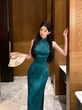 Purpdrank  Vintage Peacock Blue Green Sleeveless Dress Qipao New Chinese Style Printed Long Elegant Floral Print Cheongsam Slim Morden