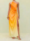 Purpdrank  Women Elegant Gradient Print Halter Maxi Dress Fashion Hight Waist Pleated Slim Long Dress Sexy Sleeveless Backless Gowns Dress