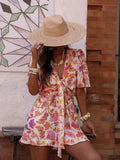 Purpdrank  Fashion Flower Print Summer Jumpsuit 2026 Sexy V-neck Short Sleeve Holiday Playsuit Women's Elegant Hollow Lace-Up Party Romper