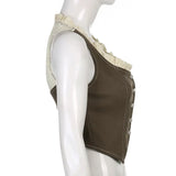 Purpdrank  Retro Style Women's Lace Button Vest Irregular Hem Street Fashion Hot Girl Outerwear Tank Top Polyester Fiber Casual Wear