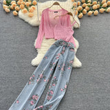 Purpdrank - Women Sweet Korean Pink Sweet 3 Pieces Set For Women Knitted Sling Vest +sunscreen+floral Print Wide Leg Denim Long Pants Suits
